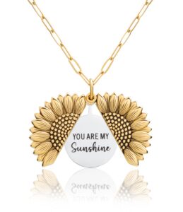 suavell you are my sunshine - sunflower necklace locket for women. 18k gold plated pendant with engraved hidden message – gifts for women, mom, mother, daughter, sister.