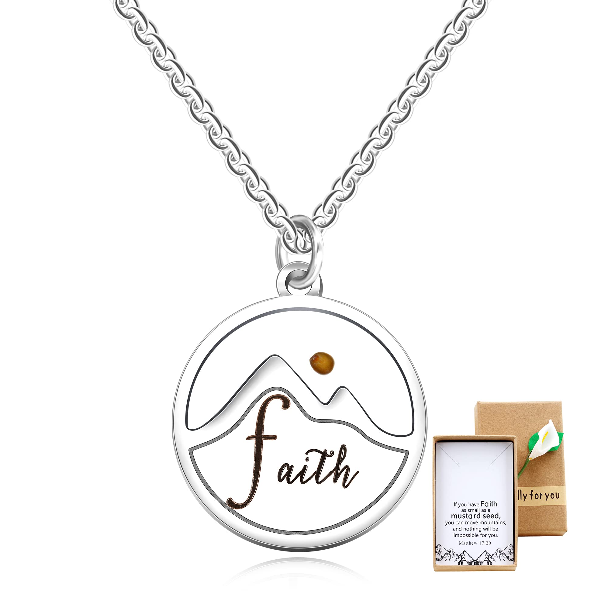 Uloveido Mustard Seed Mountain Necklace Stainless Steel Faith Pendant Inspirational Christian Baptism Religious Gift for Women Y2391