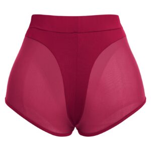 Women High Waist Mesh Tulle Activewear Yoga Dance Shorts Belly Bottoms Rave Booty Shorts Mini Hot Pants Stage Nightclub Clubwear Wine Red XX-Large