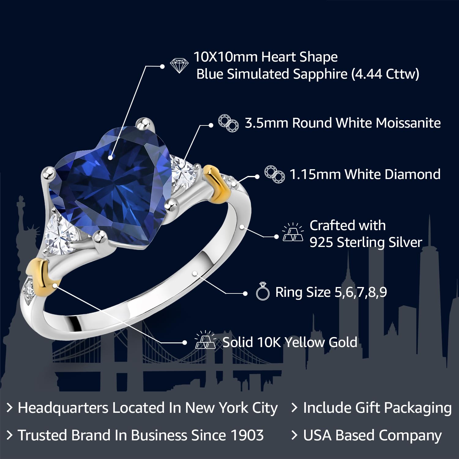 Gem Stone King 925 Silver and 10K Yellow Gold 10MM Heart Gemstone Birthstone White Moissanite and White Diamond Engagement Ring For Women | Available in Size 5,6,7,8,9