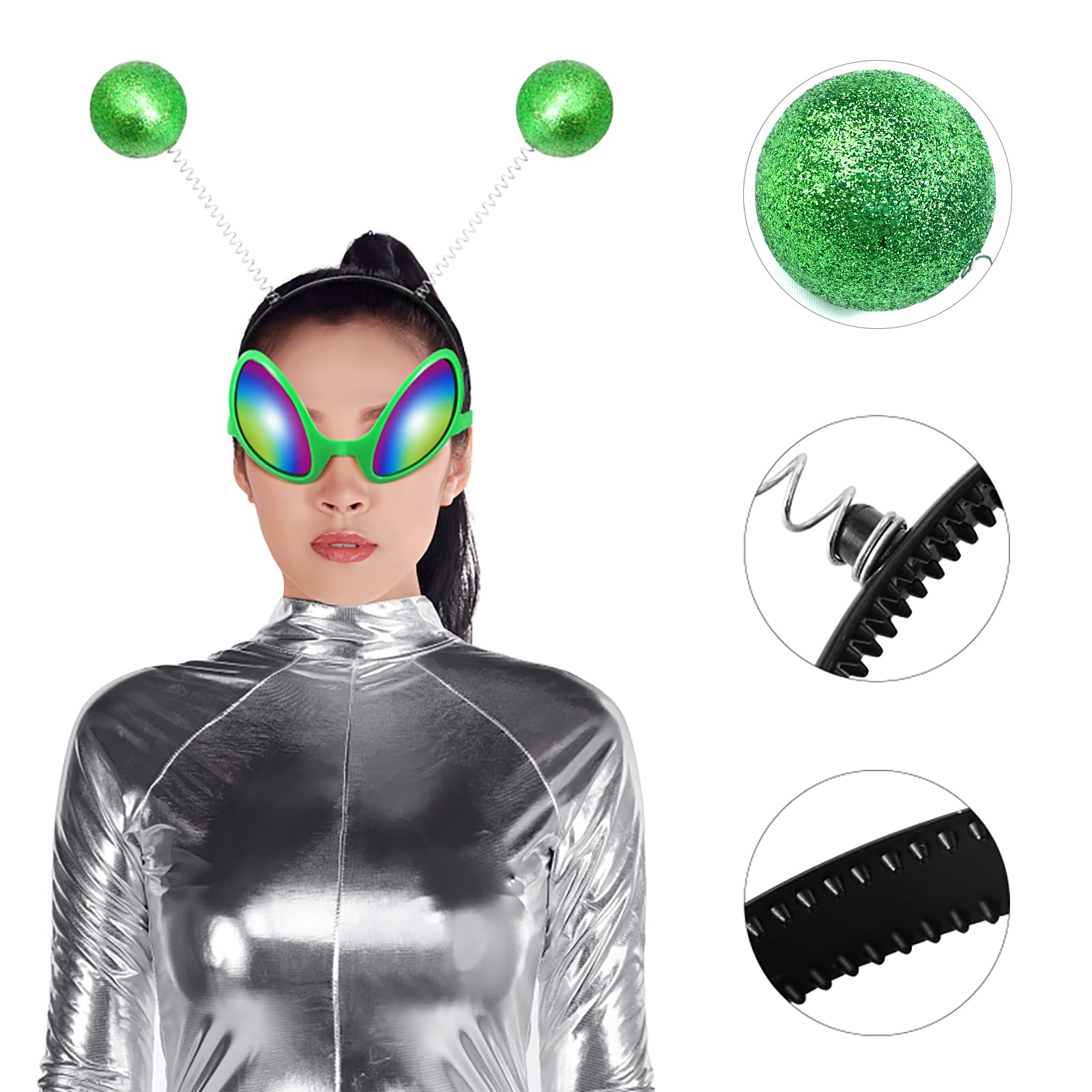 Dolkoic 4Pcs Halloween Alien Headband and Glasses,Alien Martian Antenna Headband Set Costume Party Favors Accessory for Adults and Kids Green