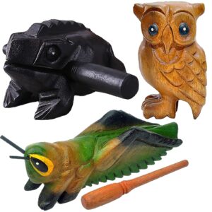 Wooden Guiro Rasp Instrument - Frog, Cricket and Owl Set 3, Musical Percussion Tone Block Craft