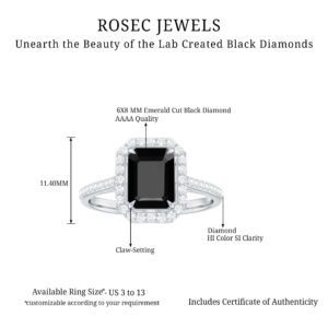 Certified Lab Grown Black Diamond 6X8mm Emerald Cut Engagement Ring, Aaaa Quality, Black and White Diamond Halo Ring, 14K Yellow Gold, Size:US 3.00