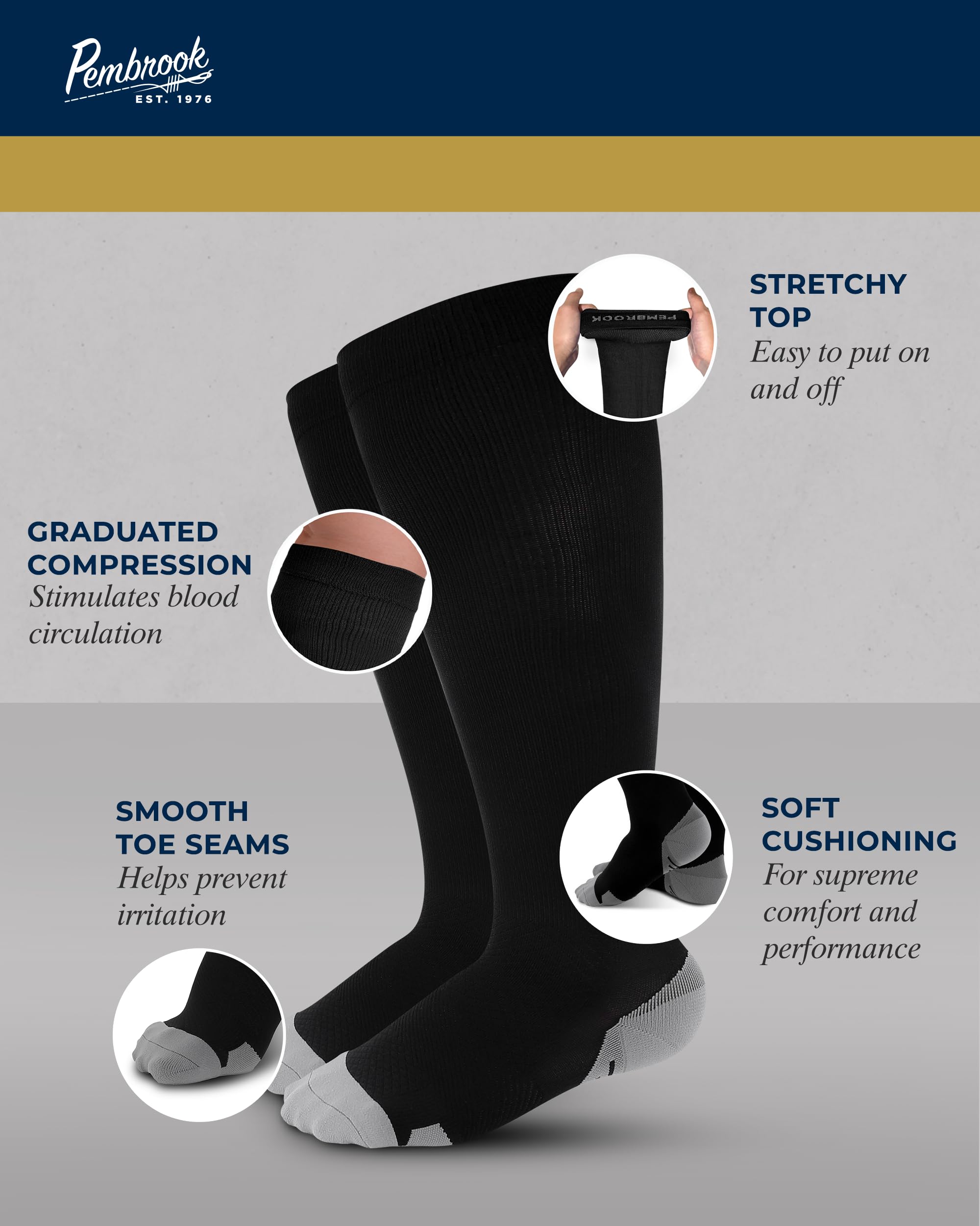 Pembrook Plus Size Compression Socks Wide Calf - Up to 6XL | Black Wide Calf Compression Socks Women Plus Size | Circulation Support Extra Wide Calf Compression Socks