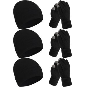 satinior 6 pieces winter beanie hat gloves set, knit hat touchscreen gloves soft skull cap set for women men(black)