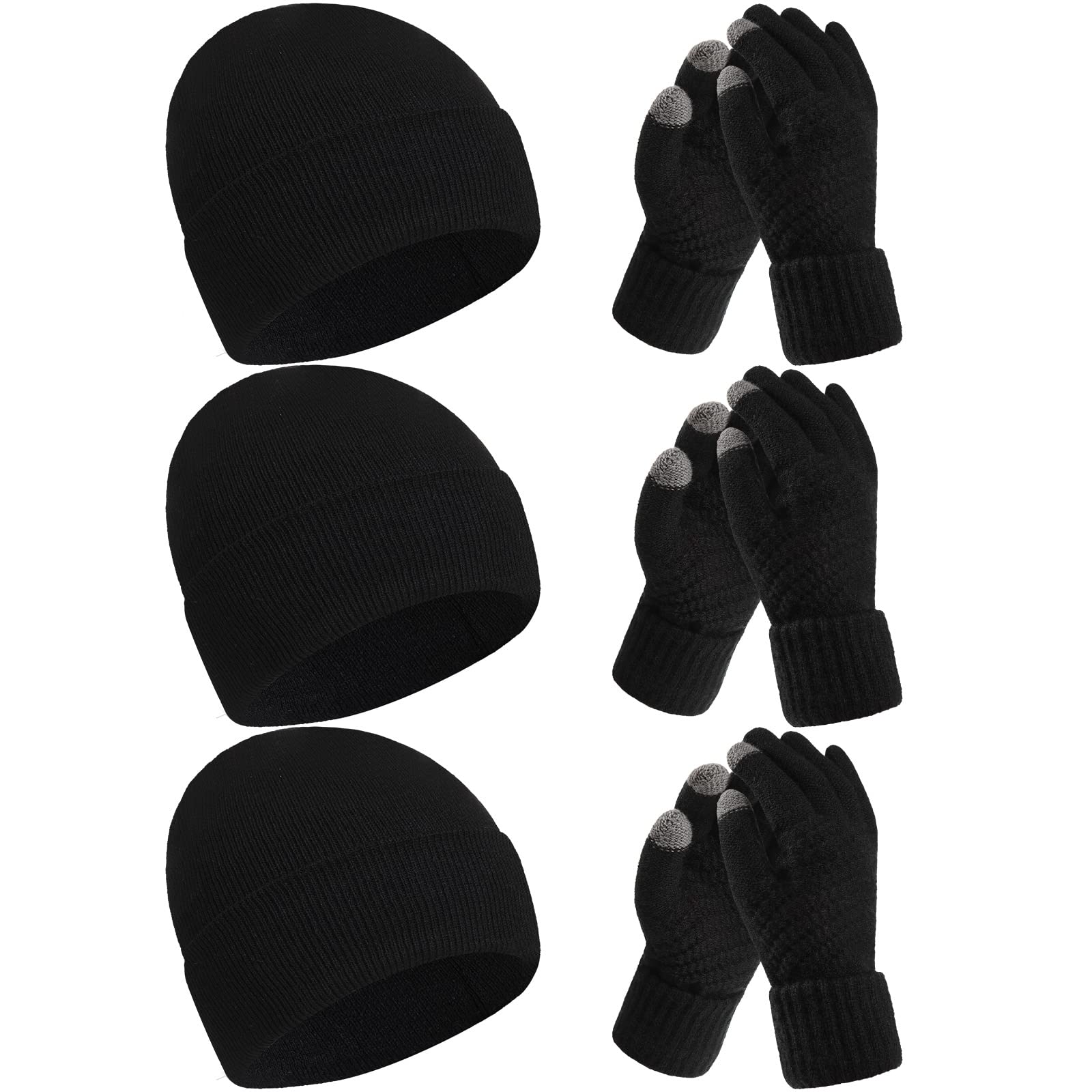 SATINIOR 6 Pieces Winter Beanie Hat Gloves Set, Knit Hat Touchscreen Gloves Soft Skull Cap Set for Women Men(Black)