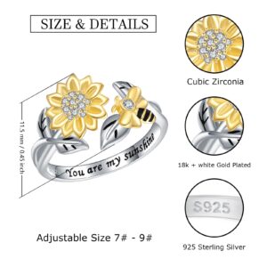 Silver Spinner Sunflower Bee Ring,925 Sterling Silver Adjustable Fidget Anxiety Bumble Bee with Sunflower Jewelry Ring for Women, Sterling Silver, Cubic Zirconia