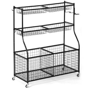 hitik garage sports equipment organizer, garage ball storage with baskets and hooks, thickened steel ball storage rack, rolling sports ball storage cart, garage organizer for indoor/outdoor use, black