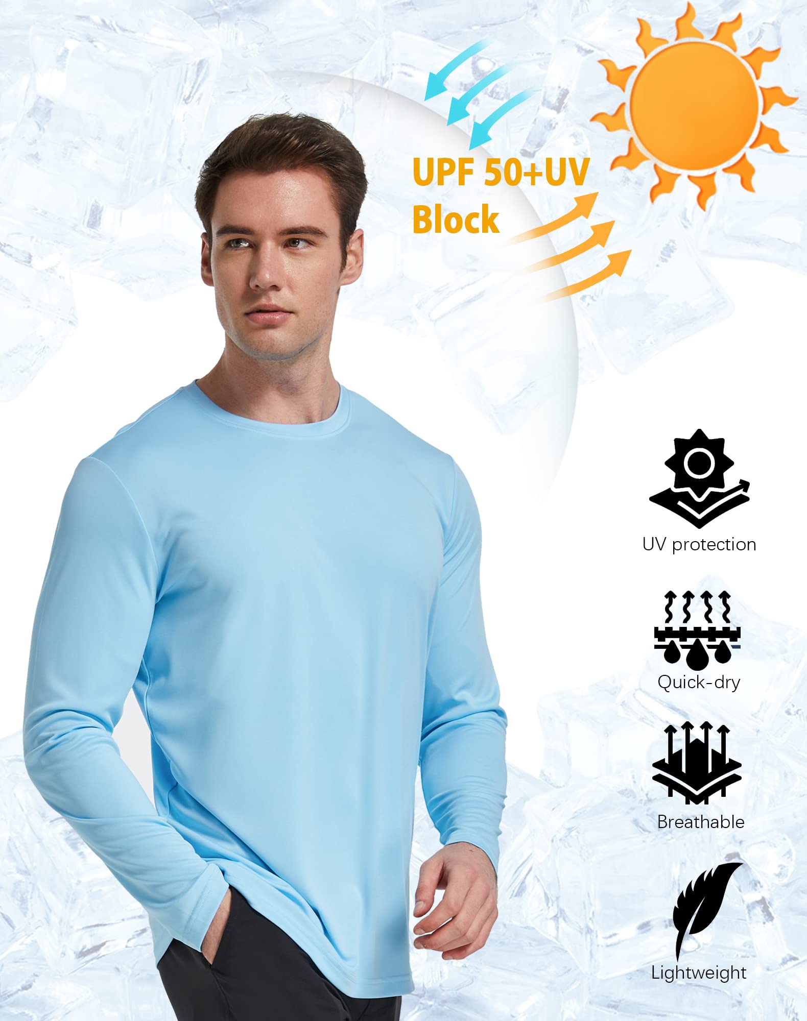 TELALEO UPF 50+ Men's Fishing Shirts Lightweight Quick Dry Long Sleeve Rash Guard Shirt Sun Protection Hiking Sports White/Blue S