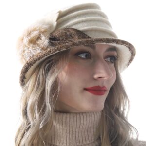 women's wool dress church cloche hat bucket winter floral hat (cream)