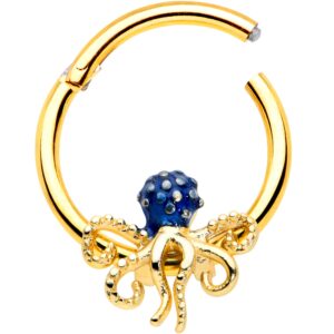 Body Candy 16G PVD 316L Stainless Steel Clicker Hinged Segment Septum Cartilage Blue Octopus Nose Hoop 3/8"