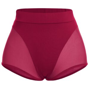 Women High Waist Mesh Tulle Activewear Yoga Dance Shorts Belly Bottoms Rave Booty Shorts Mini Hot Pants Stage Nightclub Clubwear Wine Red XX-Large