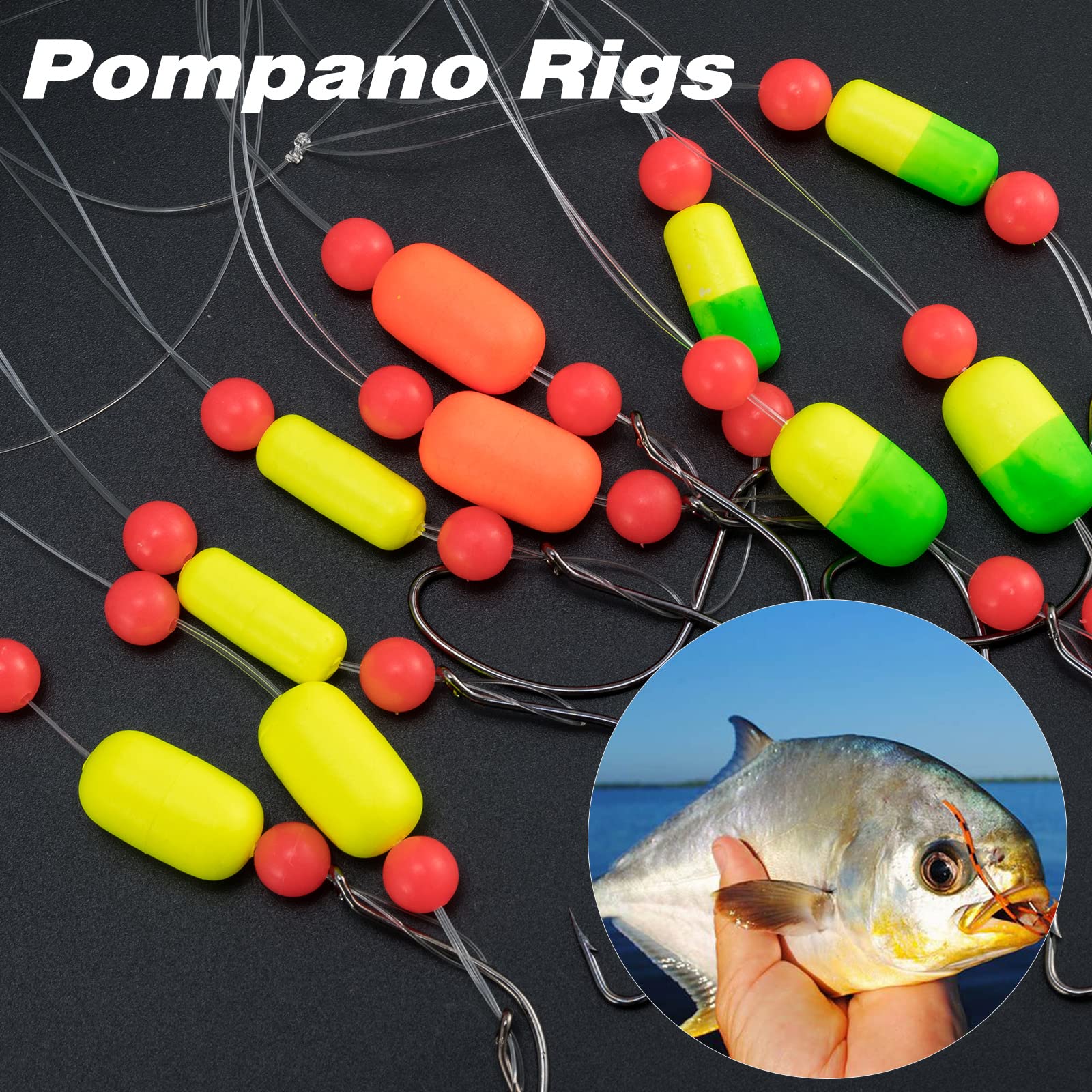 Dr.Fish 5 Pack Pompano Rigs Surf Fishing Rigs Snell Floats Fishing Beads Wide Gap Hooks Saltwater Fishing Swivels Duo Lock Snaps, Fluorescent Yellow