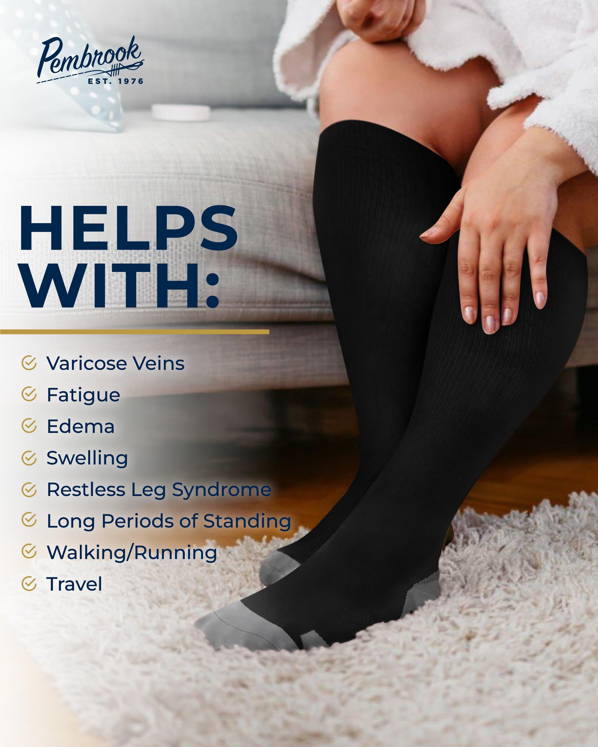 Pembrook Plus Size Compression Socks Wide Calf - Up to 6XL | Black Wide Calf Compression Socks Women Plus Size | Circulation Support Extra Wide Calf Compression Socks