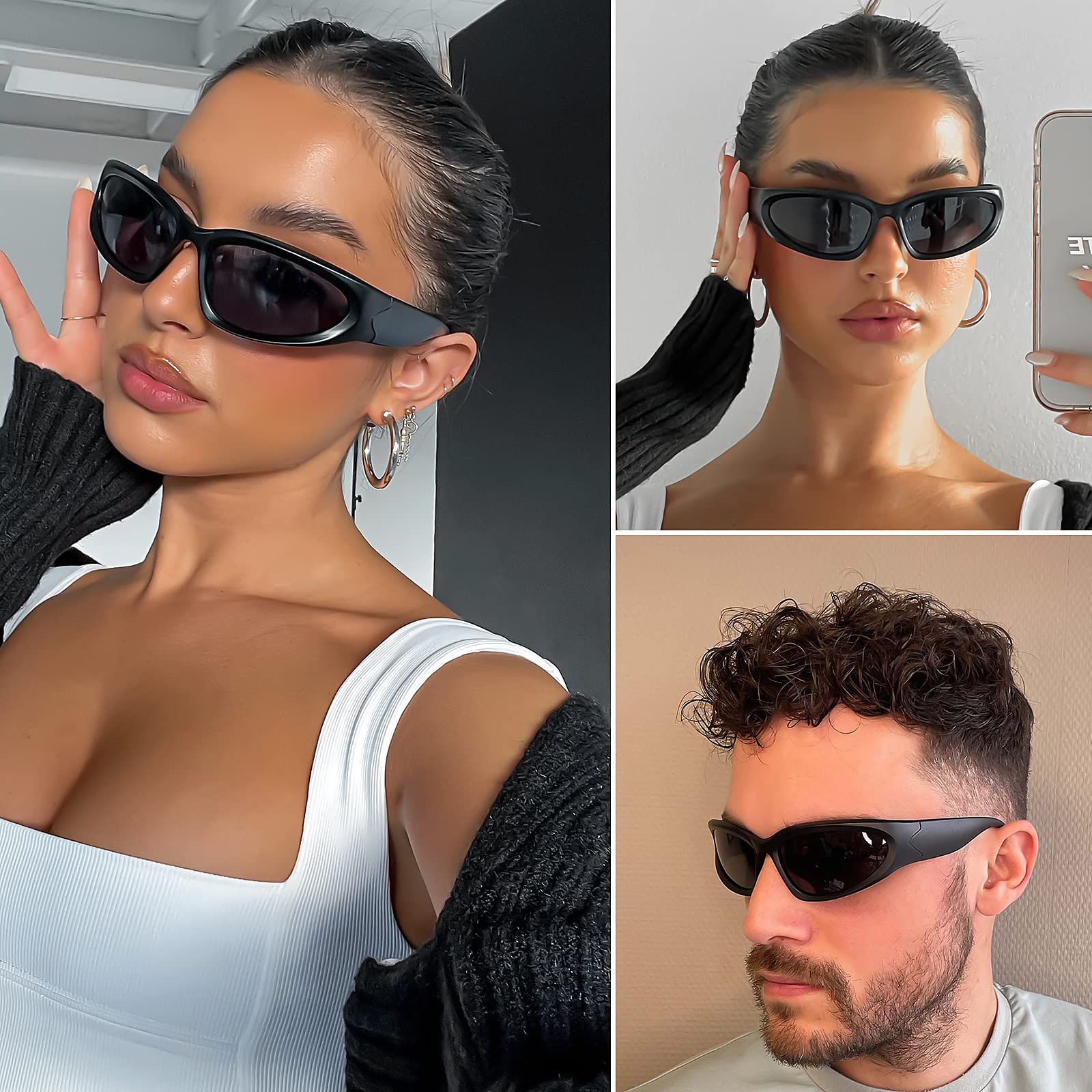 knliwkm 2 Pairs Y2K Wrap Around Sunglasses Sports Futuristic Oval Glasses for Women Men Trendy Fashion Shades Silver