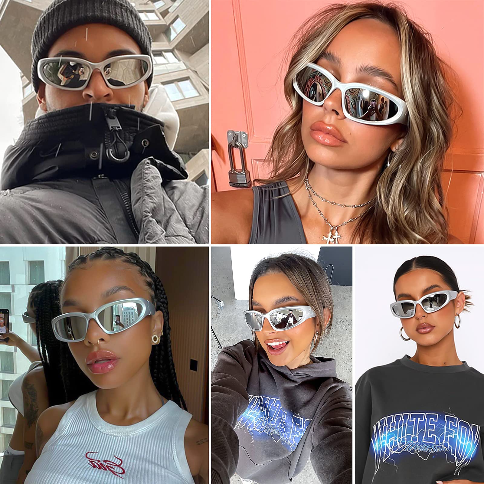 knliwkm 2 Pairs Y2K Wrap Around Sunglasses Sports Futuristic Oval Glasses for Women Men Trendy Fashion Shades Silver