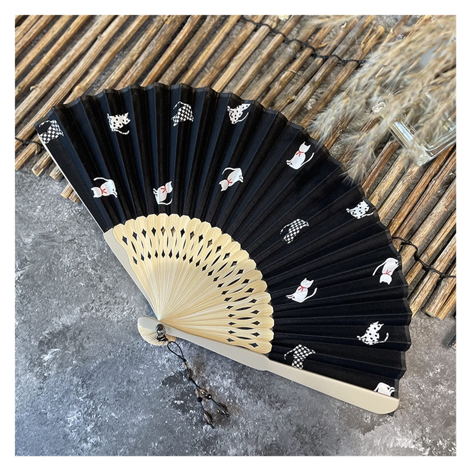 Bamboo Cat Printed Folding Fan, 7.9in Cotton Fabric Folded Fan with Simulated Crystal Pendant, for Women and Men (Color : Black, Size : 7.9")