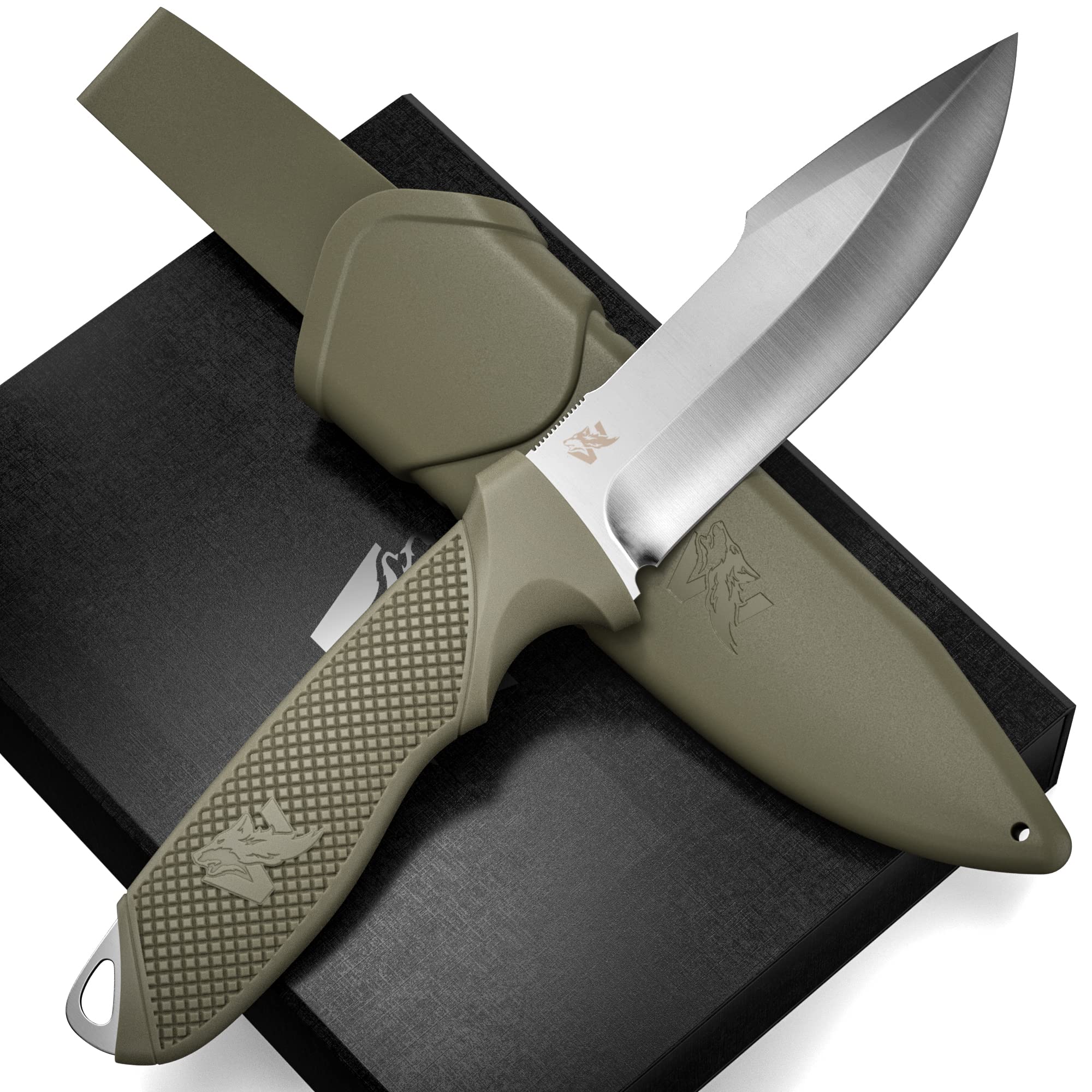 ODENWOLF WOLF-I Full Tang Survival Knife with Sheath - Stylish Tactical Fixed Blade Knife - Made of D2 Steel - Bushcraft and Camping Knife Survival - Perfect EDC Outdoor Knife with TPE Handle