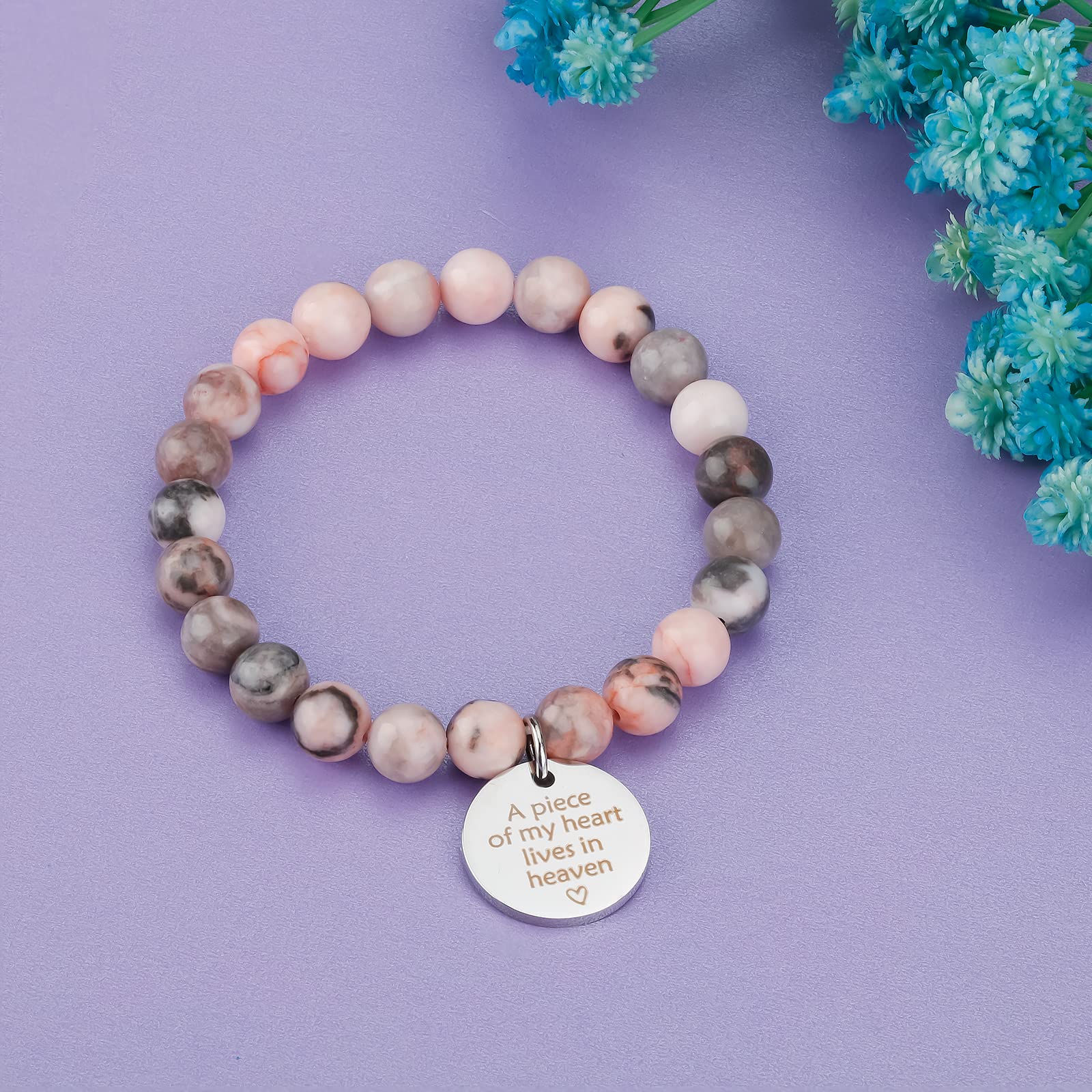 PARTNER Memorial Jewelry Sympathy Gift A Piece of My Heart Lives In Heaven Bracelet Memorial Gifts for Loss of Loved One (Pink Zebra Jasper)