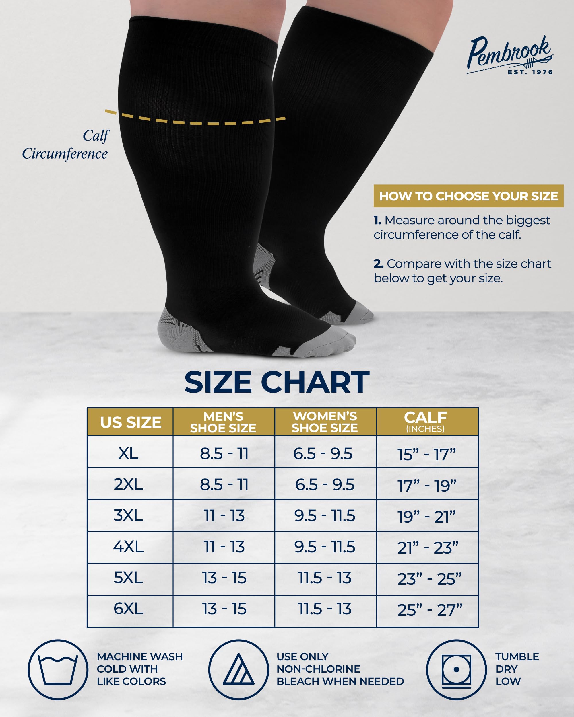 Pembrook Plus Size Compression Socks Wide Calf - Up to 6XL | Black Wide Calf Compression Socks Women Plus Size | Circulation Support Extra Wide Calf Compression Socks