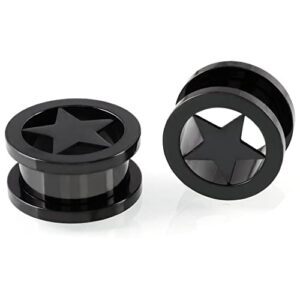 Pair of Star Tunnels Plugs Stainless Steel Screw Tunnels Ear Expander Stretcher Piercing Gauges With O-Ring Fashion Punk Black Minimalist Lucky Body Jewelry Gifts for Women Men (0g(8mm), Black)