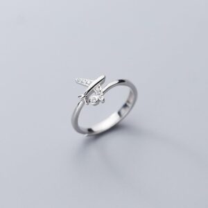 CZ Airplane 925 Sterling Silver Statement Ring for Women Girls Adjustable Expandable Open Wrap Finger Rings Comfort Fit Dainty Cute Dainty Airline Flight Jewelry Gift Souvenir