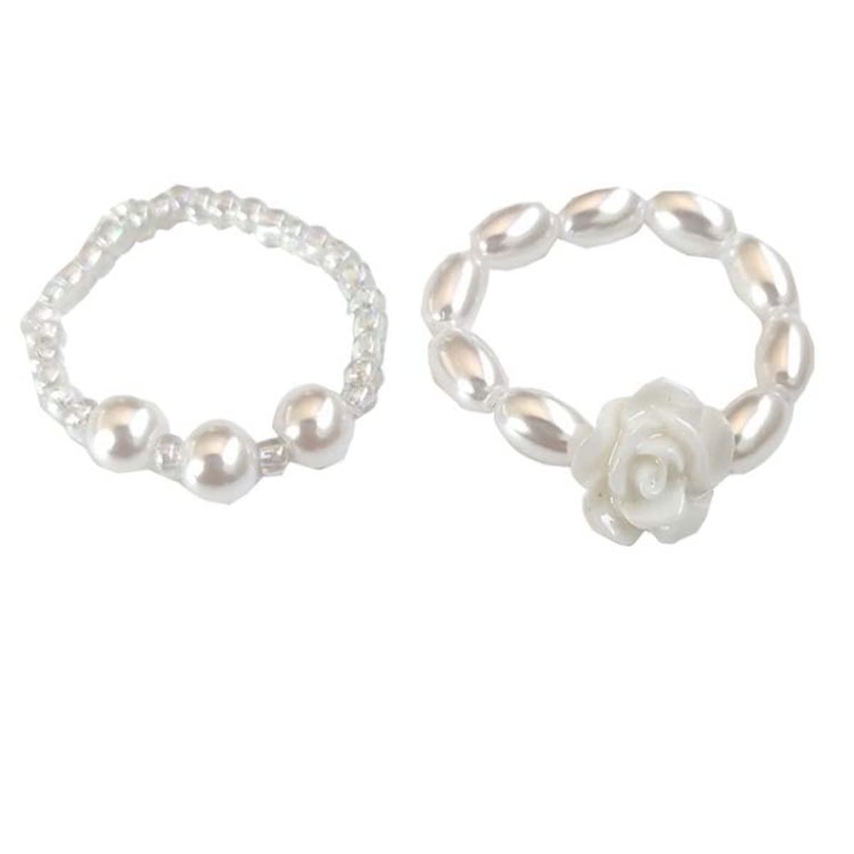 LARVOVUE 2 pcs White Pearl Flower Adjustable Rings for Women and Handmade Stacking Stackable Beaded Rings