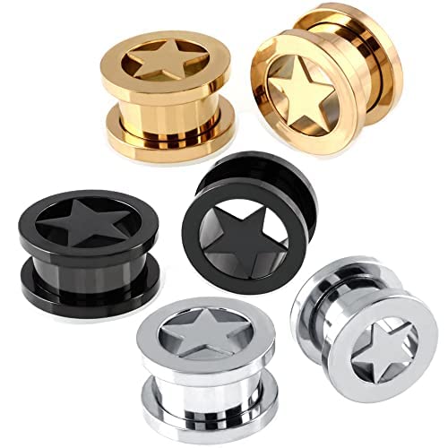 Pair of Star Tunnels Plugs Stainless Steel Screw Tunnels Ear Expander Stretcher Piercing Gauges With O-Ring Fashion Punk Black Minimalist Lucky Body Jewelry Gifts for Women Men (0g(8mm), Black)