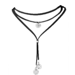 LARVOVUE Boho Black Velvet Choker Necklace for Women Gothic Silver Coin Pendant Layered Long Jewelry (Black)