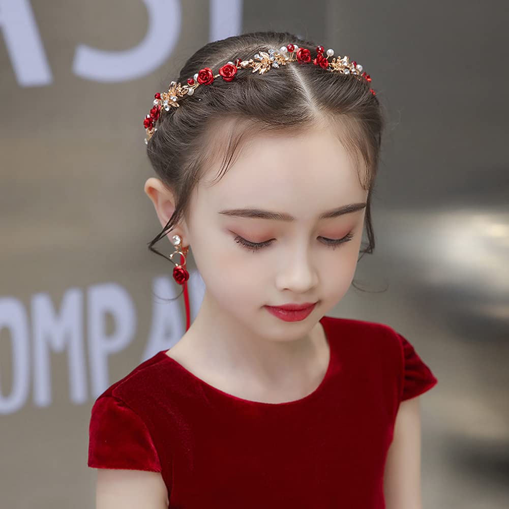 Aswewamt 2 Pcs Red Flower Crown Headband Rhinestone Pearl Tiara Red Rose Bride Crown Crystal Red Headband Wedding Headpiece Hair Jewelry for Women