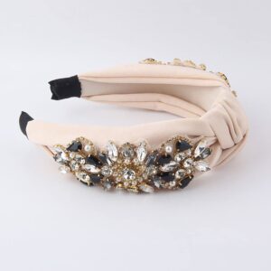 Yusier Knotted Headbands for Women Rhinestone Crystal Headband Handmade Jewelry Hair Accessories Fashion Wide Hairband (Beige)