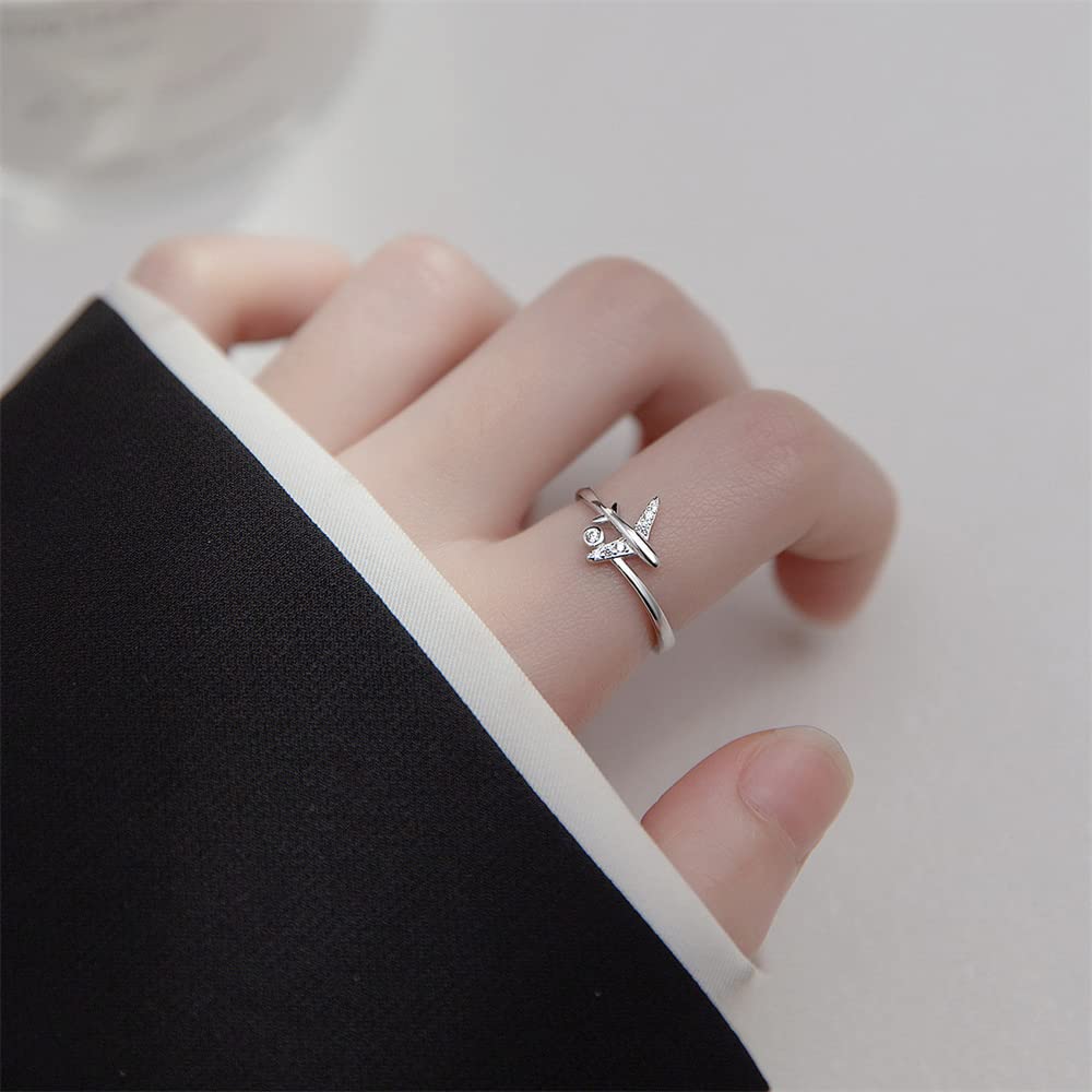 CZ Airplane 925 Sterling Silver Statement Ring for Women Girls Adjustable Expandable Open Wrap Finger Rings Comfort Fit Dainty Cute Dainty Airline Flight Jewelry Gift Souvenir