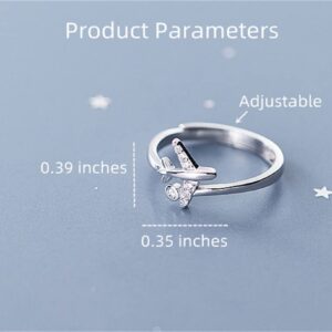 CZ Airplane 925 Sterling Silver Statement Ring for Women Girls Adjustable Expandable Open Wrap Finger Rings Comfort Fit Dainty Cute Dainty Airline Flight Jewelry Gift Souvenir