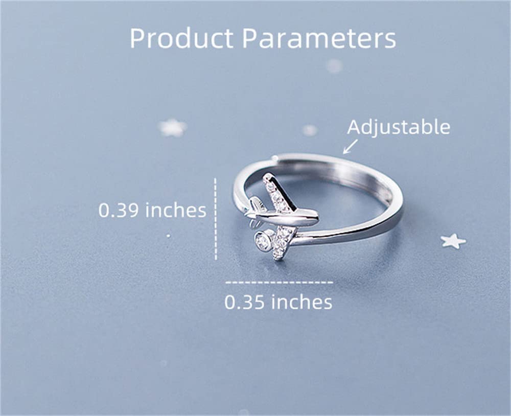 CZ Airplane 925 Sterling Silver Statement Ring for Women Girls Adjustable Expandable Open Wrap Finger Rings Comfort Fit Dainty Cute Dainty Airline Flight Jewelry Gift Souvenir