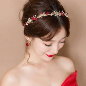 Aswewamt 2 Pcs Red Flower Crown Headband Rhinestone Pearl Tiara Red Rose Bride Crown Crystal Red Headband Wedding Headpiece Hair Jewelry for Women