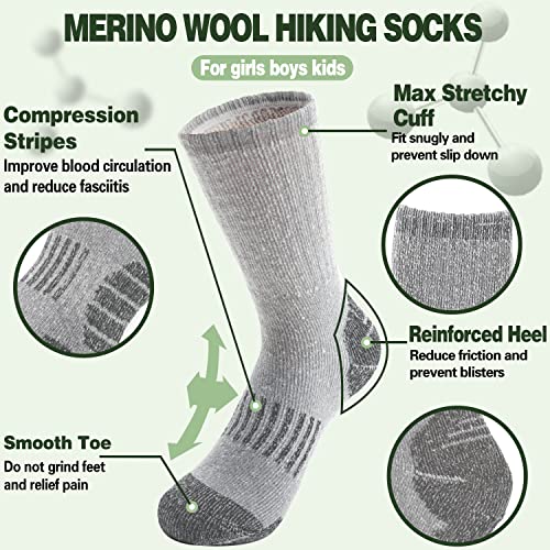 Sandsuced Kids Merino Wool Hiking Socks Girls Boys Winter Thermal Warm Cozy Boot Thick Cushion Gift Stocking Stuffers Socks 4 Pairs(Grey,4-7 Years)