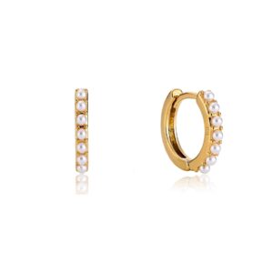 kenivira pearl hoop earrings for women, small gold plated hoop pearl earrings dainty trendy, tiny gold pearl huggie simple statement lightweight hoop earrings jewellery