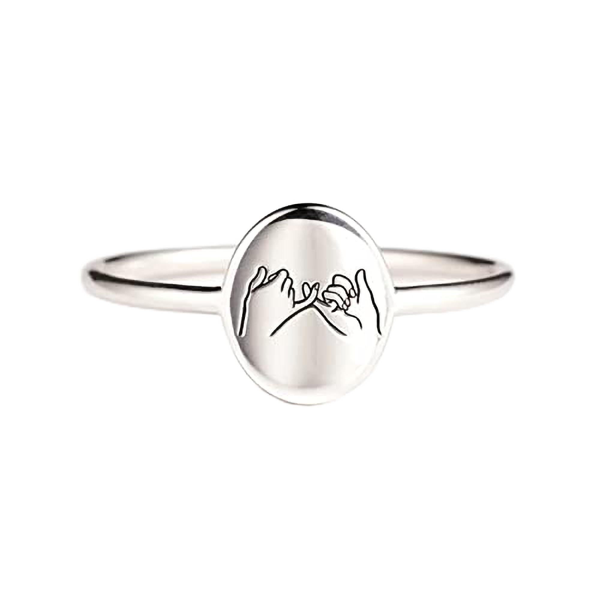 FUNYCHEN Sterling Silver Pinky Promise Ring for Women Mother Daughter Ring Dainty Friendship Ring for Bestie Minimalist Signet Valentine's Day Gifts Matching Rings for Couple US Size 5-10 (silver, 7)