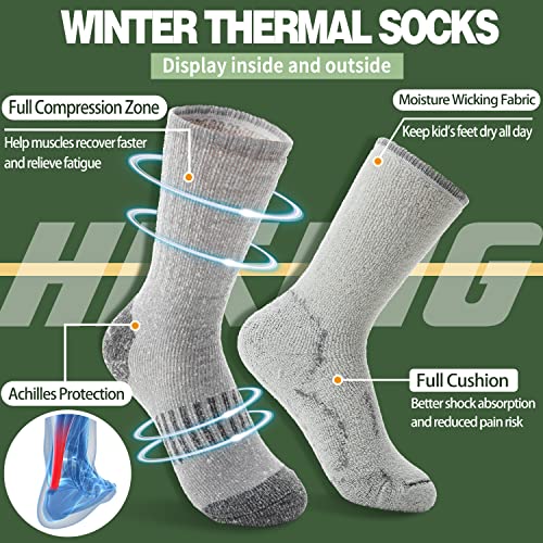 Sandsuced Kids Merino Wool Hiking Socks Girls Boys Winter Thermal Warm Cozy Boot Thick Cushion Gift Stocking Stuffers Socks 4 Pairs(Grey,4-7 Years)