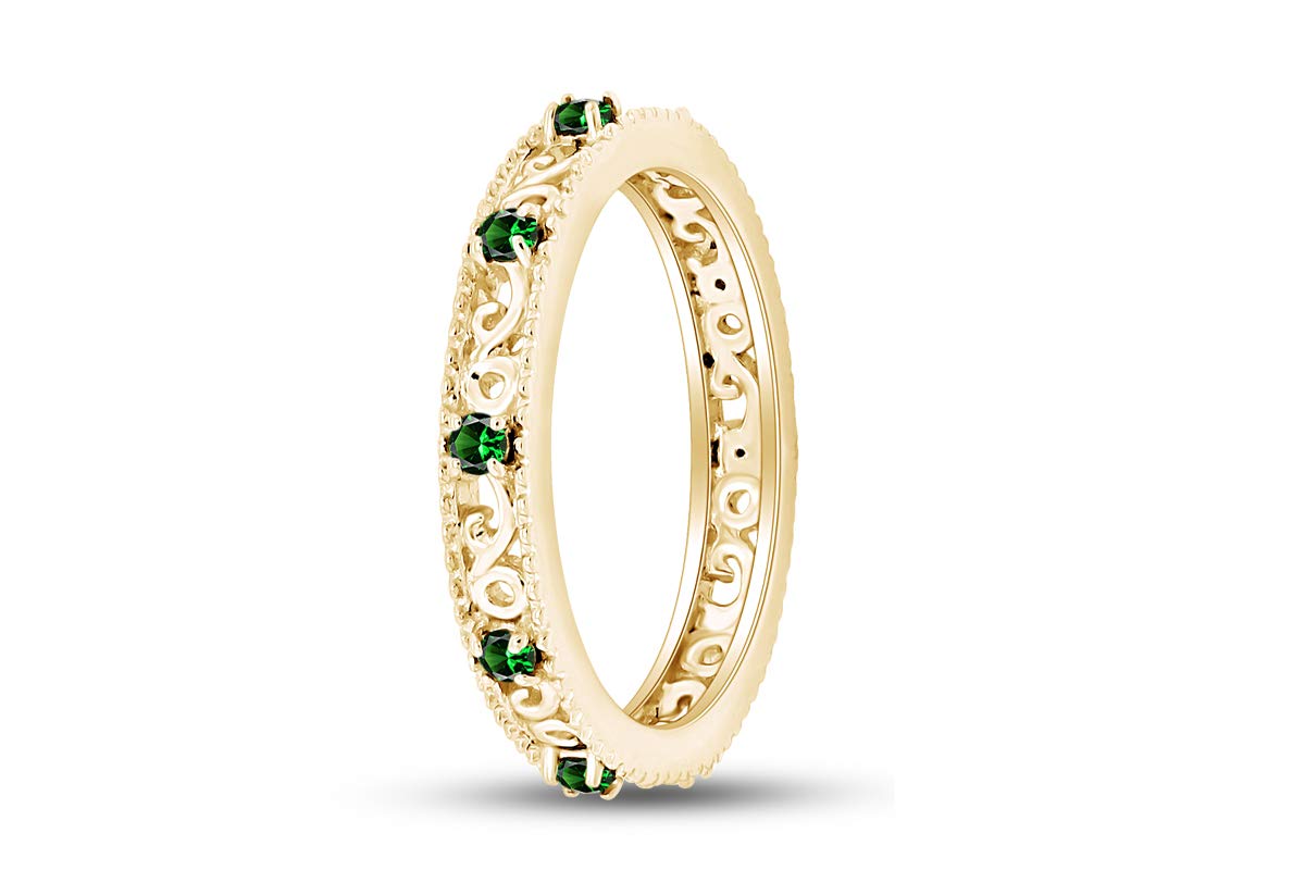 Jewel Zone US Round Cut Simulated Green Emerald Stackable Ring in 14K Yellow Gold Over Sterling Silver Ring Size-8.5