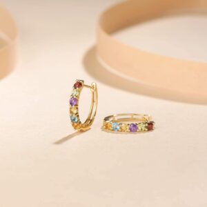 FANCIME 14k Solid Yellow Gold Rainbow Hoop Earrings Multicolor Gemstones 0.85cttw Peridot Citrine Yellow Sapphire Garnet Blue Topaz Amethyst Small Tiny Huggie for Women16mm