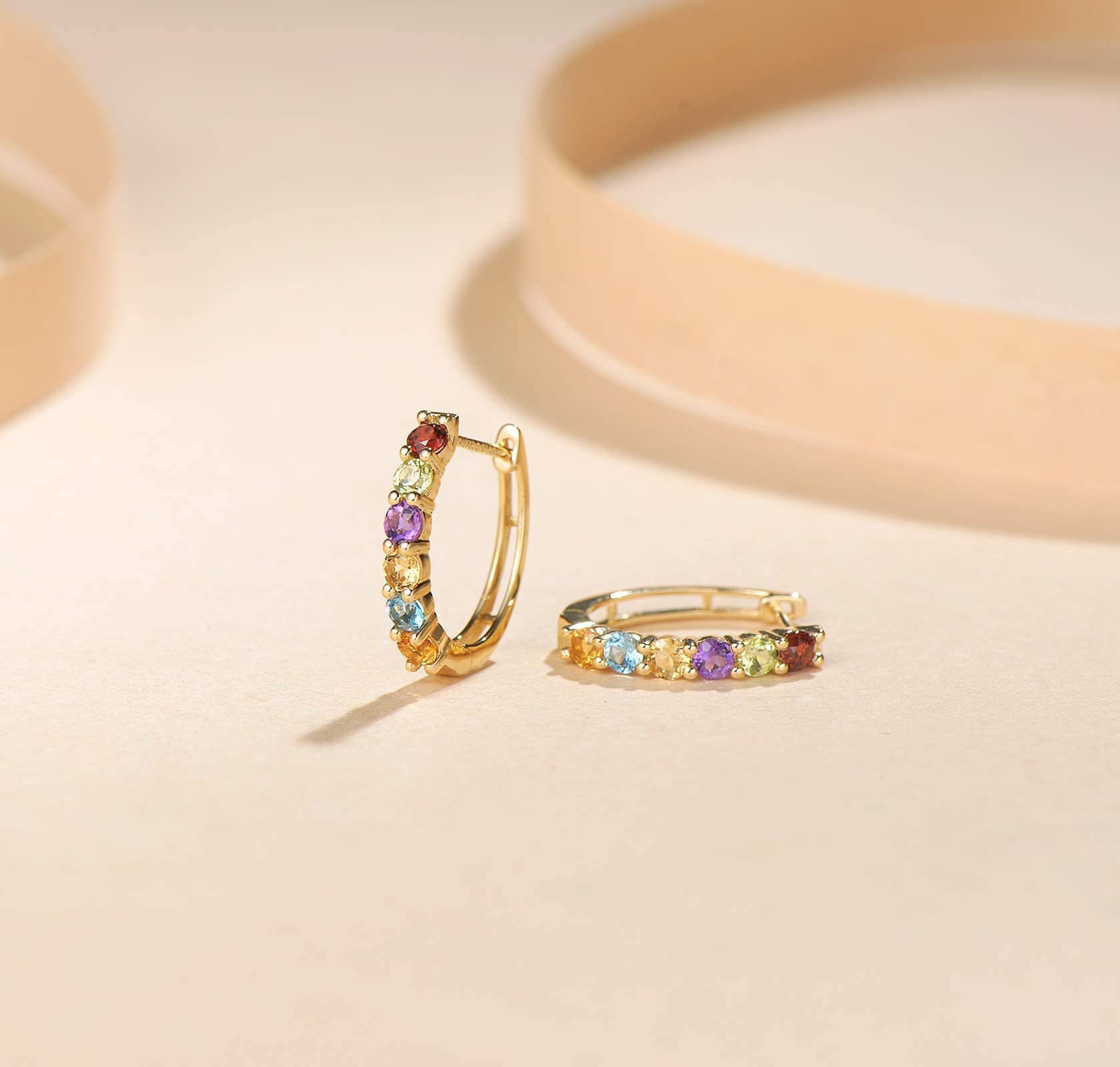 FANCIME 14k Solid Yellow Gold Rainbow Hoop Earrings Multicolor Gemstones 0.85cttw Peridot Citrine Yellow Sapphire Garnet Blue Topaz Amethyst Small Tiny Huggie for Women16mm