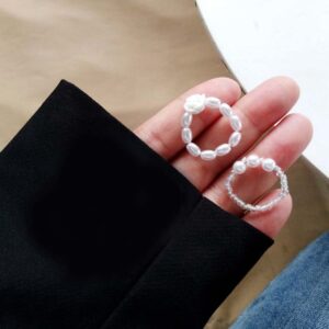 LARVOVUE 2 pcs White Pearl Flower Adjustable Rings for Women and Handmade Stacking Stackable Beaded Rings