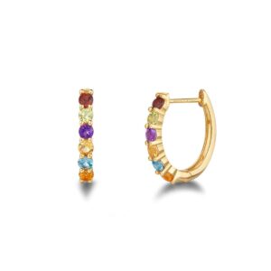 fancime 14k solid yellow gold rainbow hoop earrings multicolor gemstones 0.85cttw peridot citrine yellow sapphire garnet blue topaz amethyst small tiny huggie for women16mm