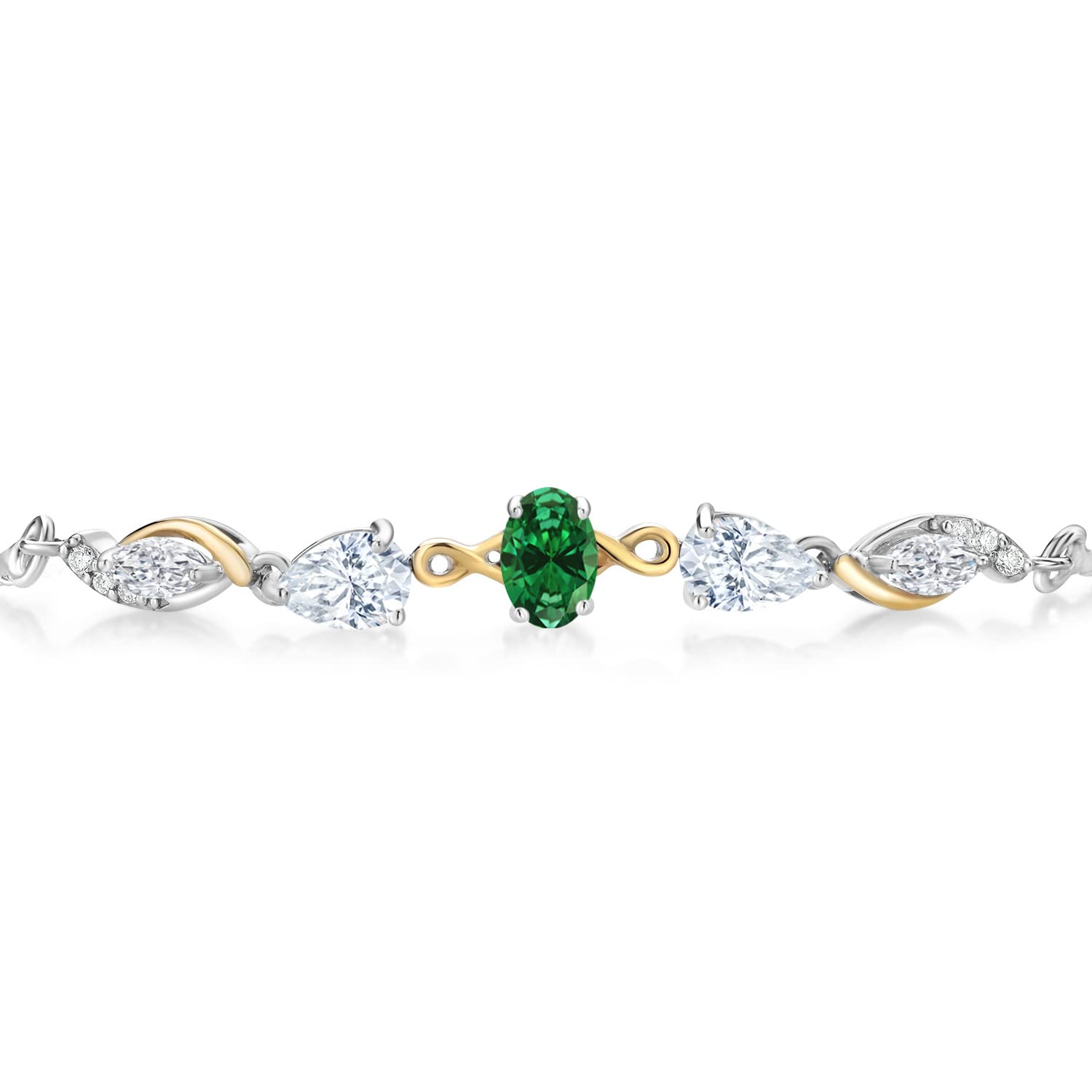 Gem Stone King 925 Silver and 10K Yellow Gold Oval Green Created Emerald White Moissanite and White Lab Grown Diamond Tennis Bracelet For Women (1.39 Cttw, Fully Adjustable Up to 9 Inch)