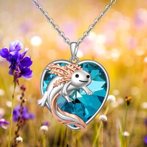 Axolotl Necklace for Women Sterling Silver Blue Heart Crystal Cute Mexican Axolotl Jewelry Charm Animal Necklace Pendant Christmas Gifts