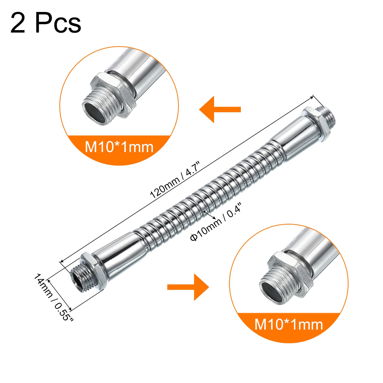 PATIKIL 4.7" Universal Gooseneck, 2Pcs M10 Fine Thread Metal Hose Flexible Arm Gooseneck Tube Extension for Multifunction DIY, Silver Tone