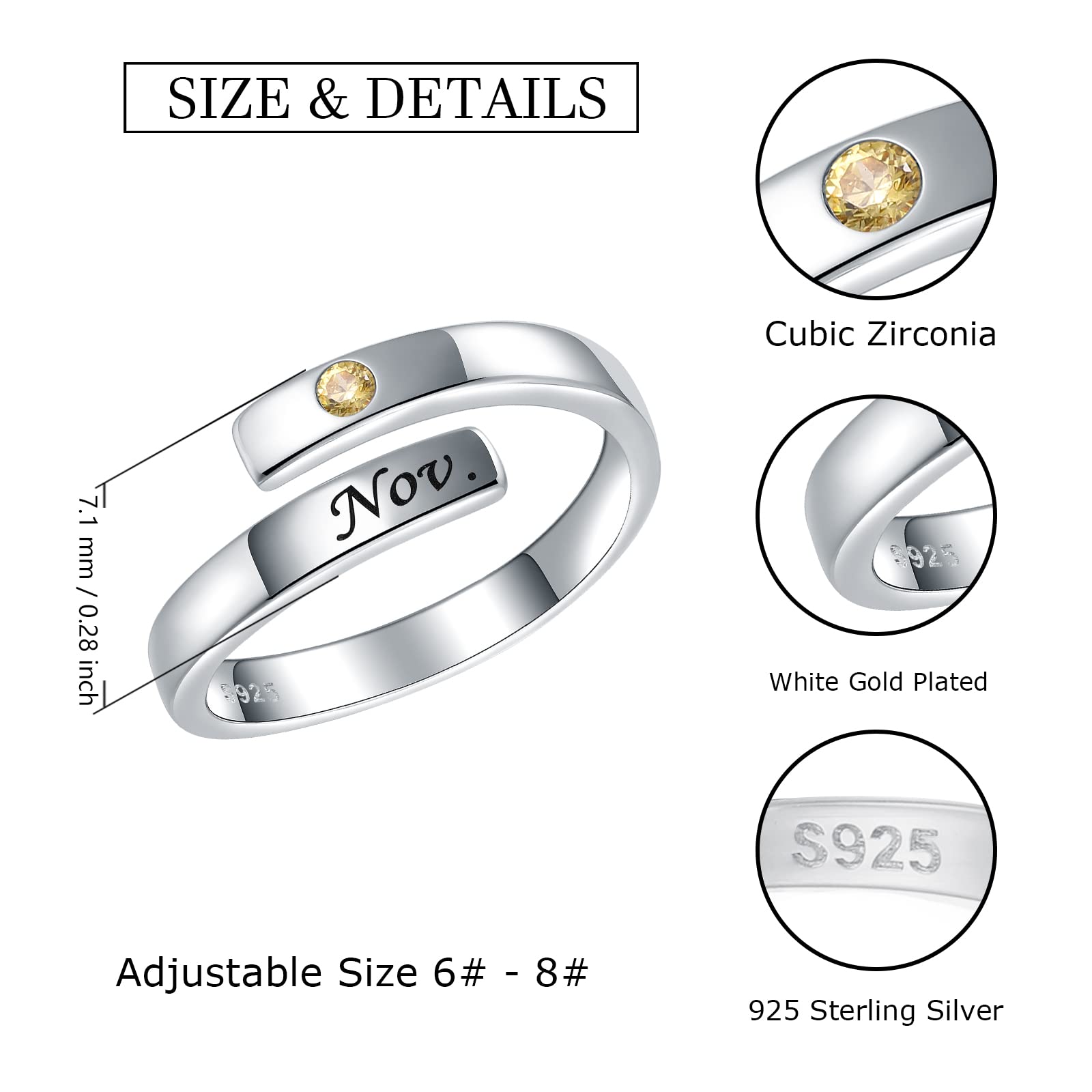 925-Sterling-Silver Birthstone Adjustable Rings for Women - White Gold Plated Sample Open personalized Ring,Birthday Christams Jewelry Gifts for daughter (November Birthstone)