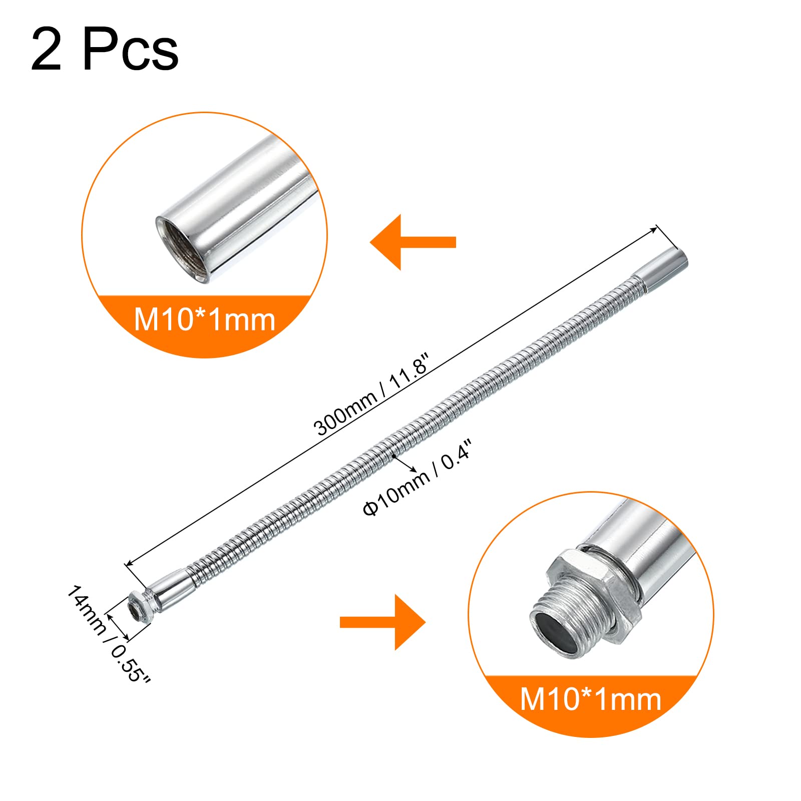 PATIKIL 11.8" Universal Gooseneck Hose, 2Pcs M10 Fine Thread Metal Bendable Hose Flexible Arm Gooseneck Tube Extension for Multifunction DIY, Silver Tone