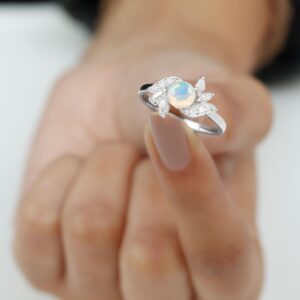 Natural Opal Diamond Flower Engagement Ring for Women, AAA Quality, Ethiopian Opal Floral Ring - With Jewelry Box, 14K White Gold, Size:US 6.00